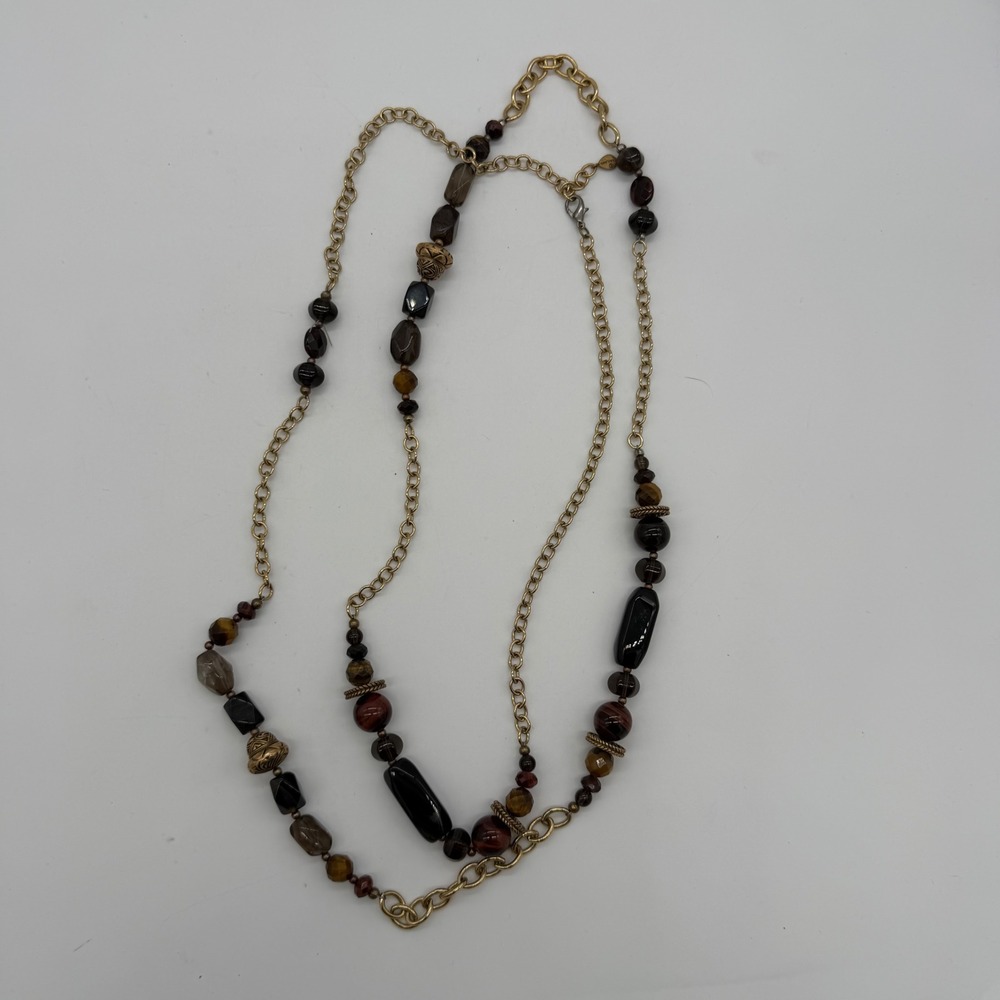 Vintage Barse Mixed Natural Stone Gold Tone Long Beaded Chain Necklace 28 Inch